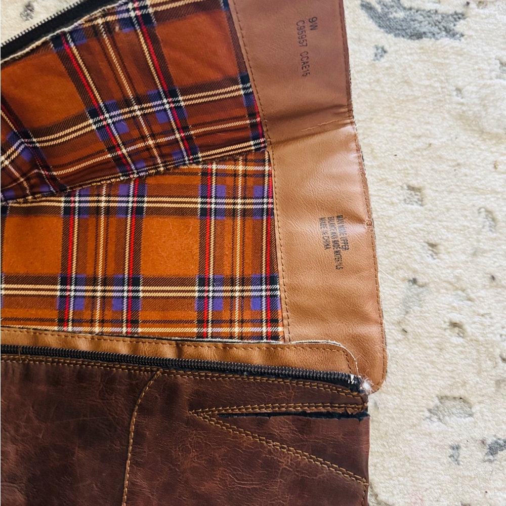 b.o.c. Brown Leather Wallet with Orange Plaid Interior